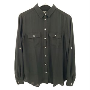 LOFT Medium Button Front Blouse Black Roll Tab Sleeves Classic Closet Staple